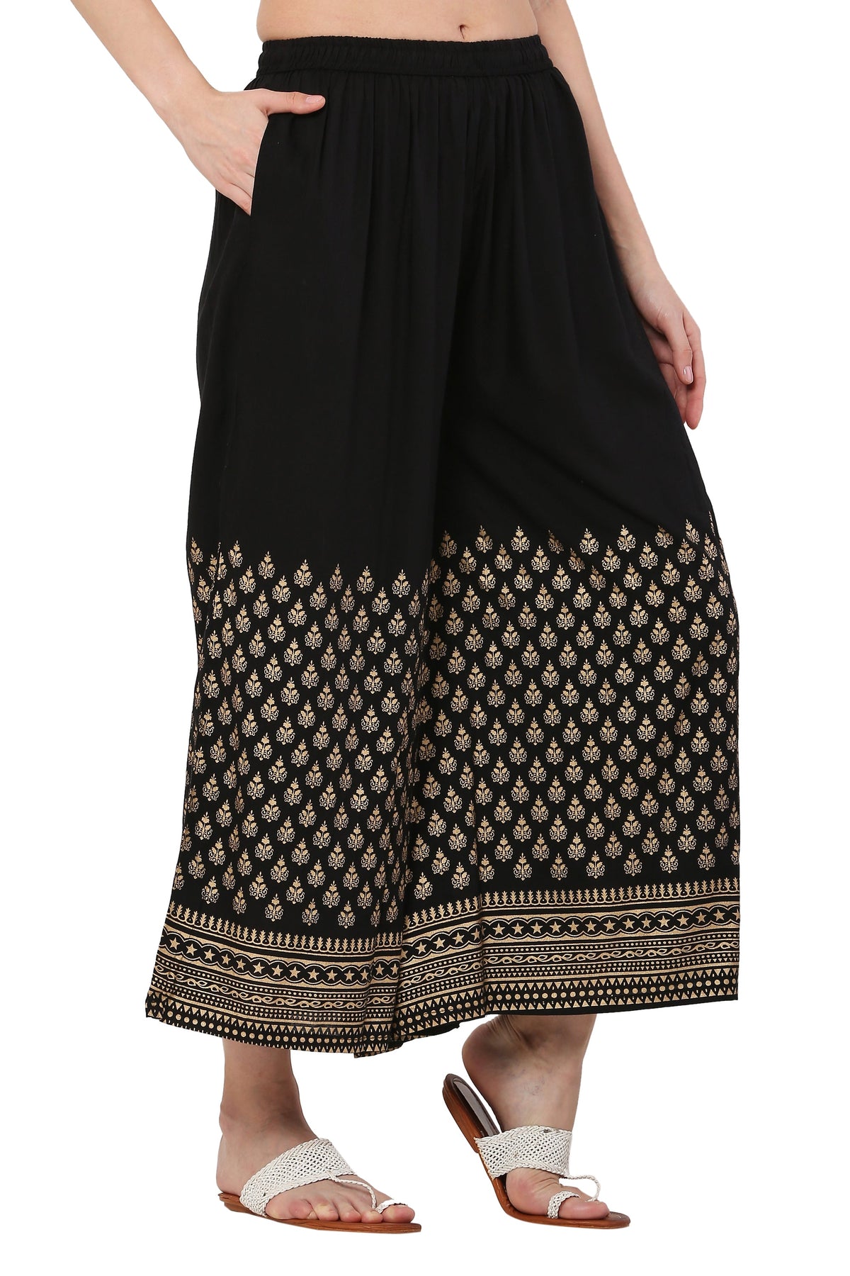 PAVONINE Black Color Minar Half Golden Print Sharara For Women | Grocsy