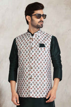 Raivat Ethnic Art Banarasi Silk Printed Work 3 Pics Jacket Set In Off White Colour | Grocsy
