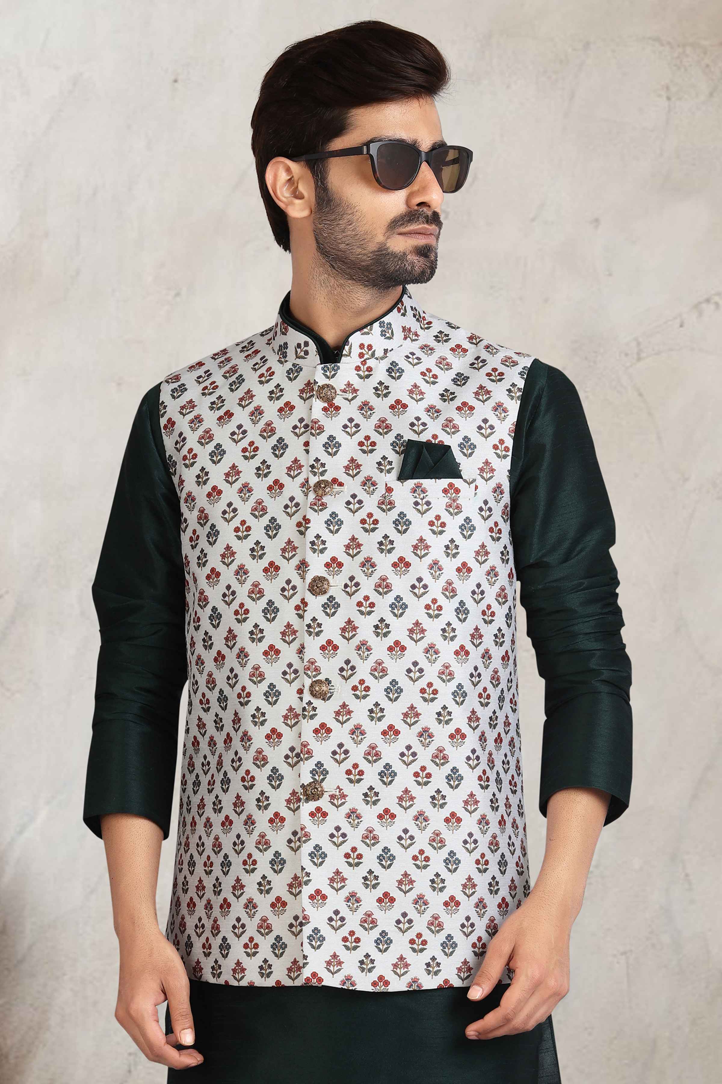 Raivat Ethnic Art Banarasi Silk Printed Work 3 Pics Jacket Set In Off White Colour | Grocsy