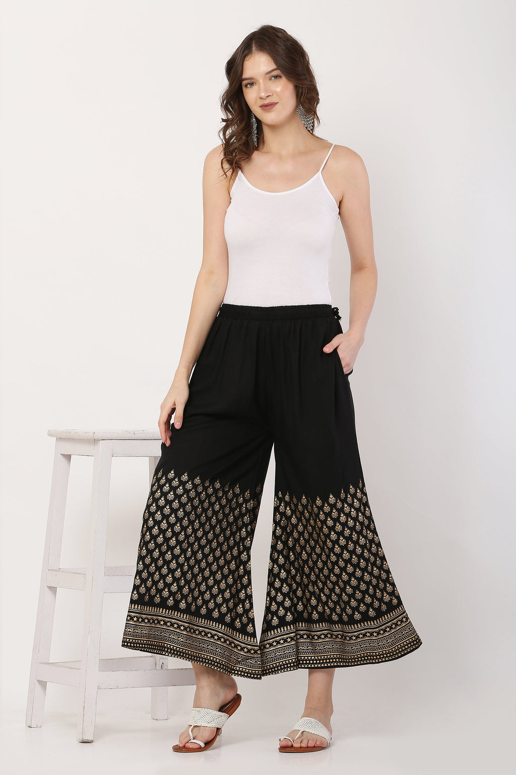 PAVONINE Black Color Minar Half Golden Print Sharara For Women | Grocsy