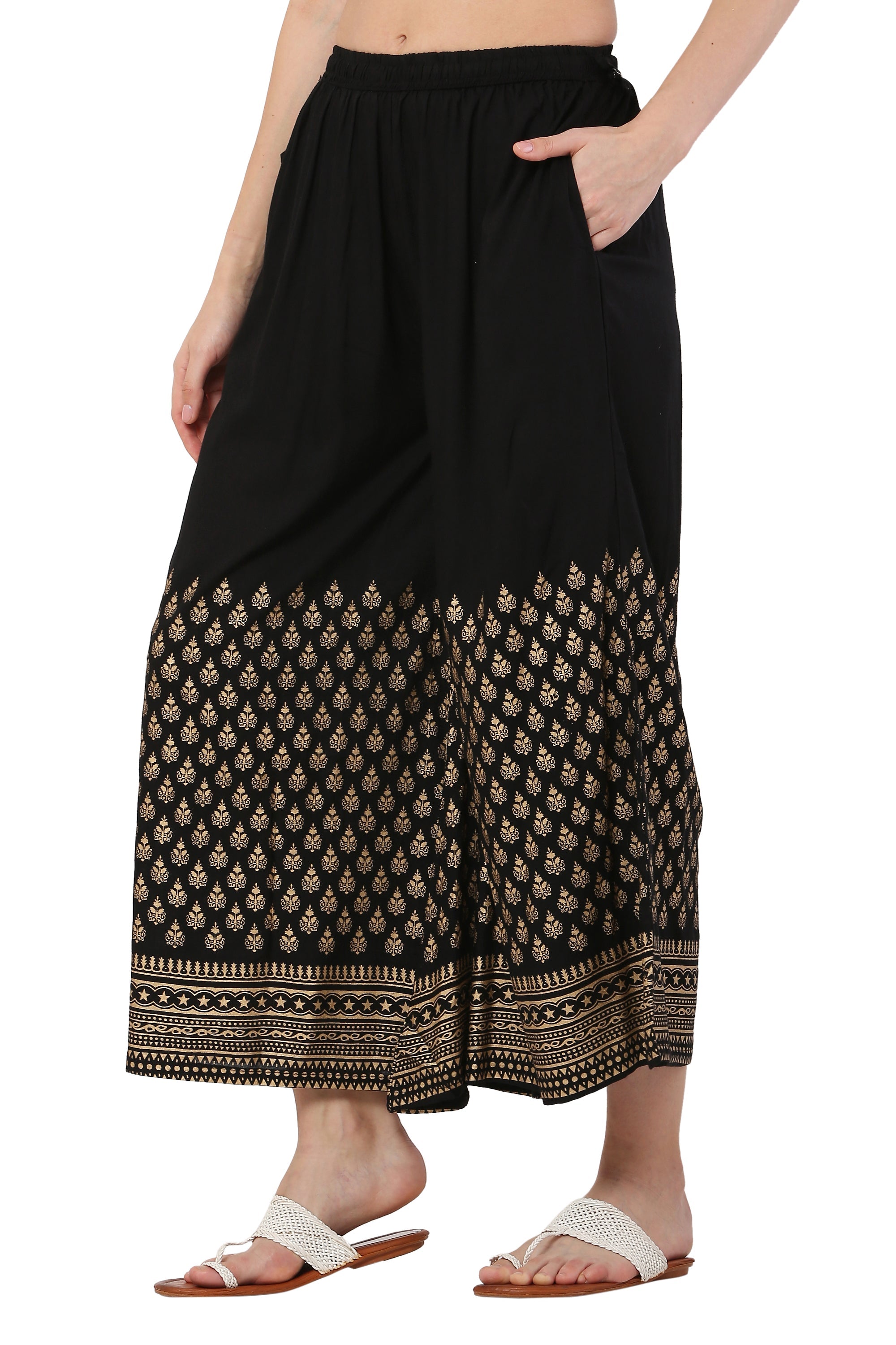 PAVONINE Black Color Minar Half Golden Print Sharara For Women | Grocsy