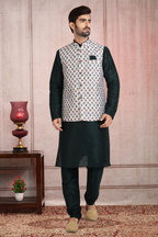 Raivat Ethnic Art Banarasi Silk Printed Work 3 Pics Jacket Set In Off White Colour | Grocsy