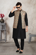 Raivat Ethnic Art Banarasi Silk Printed Work 3 Pics Jacket Set In Beige Colour | Grocsy
