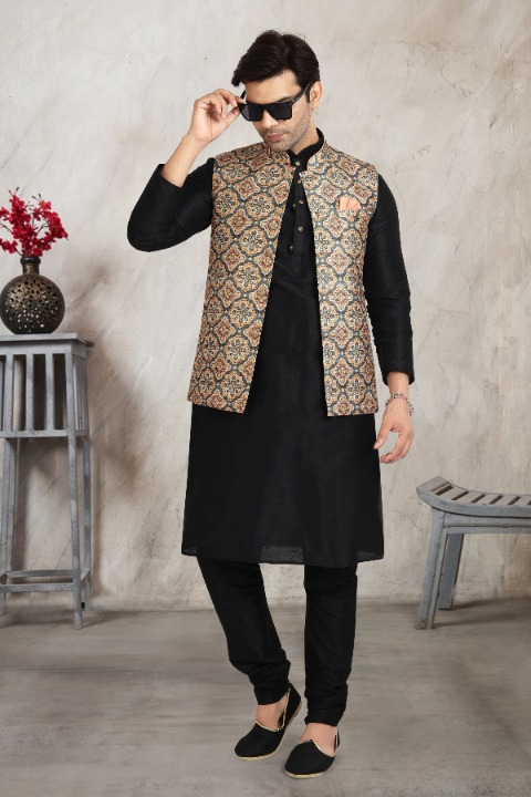 Raivat Ethnic Art Banarasi Silk Printed Work 3 Pics Jacket Set In Beige Colour | Grocsy