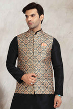Raivat Ethnic Art Banarasi Silk Printed Work 3 Pics Jacket Set In Beige Colour | Grocsy