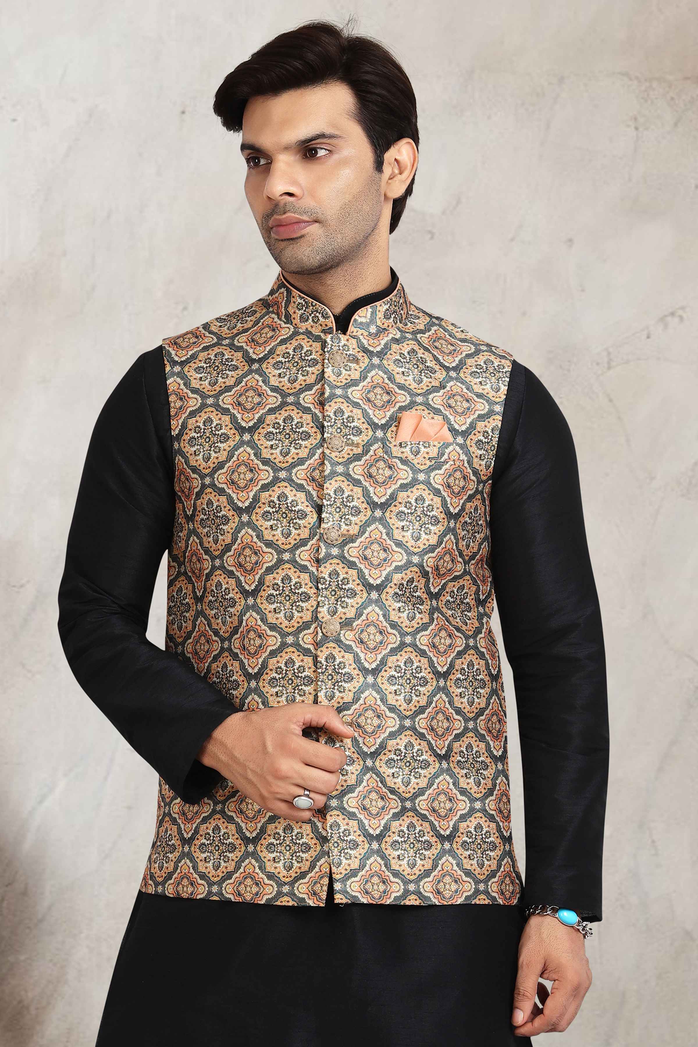 Raivat Ethnic Art Banarasi Silk Printed Work 3 Pics Jacket Set In Beige Colour | Grocsy