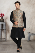 Raivat Ethnic Art Banarasi Silk Printed Work 3 Pics Jacket Set In Beige Colour | Grocsy