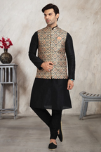 Raivat Ethnic Art Banarasi Silk Printed Work 3 Pics Jacket Set In Beige Colour | Grocsy