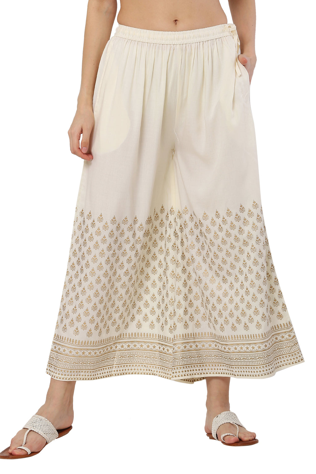 PAVONINE Off-White Color Minar Half Golden Print Sharara For Women | Grocsy