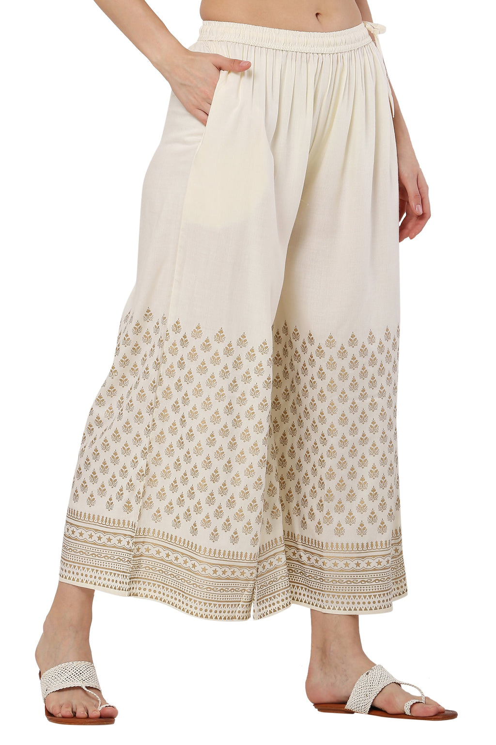 PAVONINE Off-White Color Minar Half Golden Print Sharara For Women | Grocsy