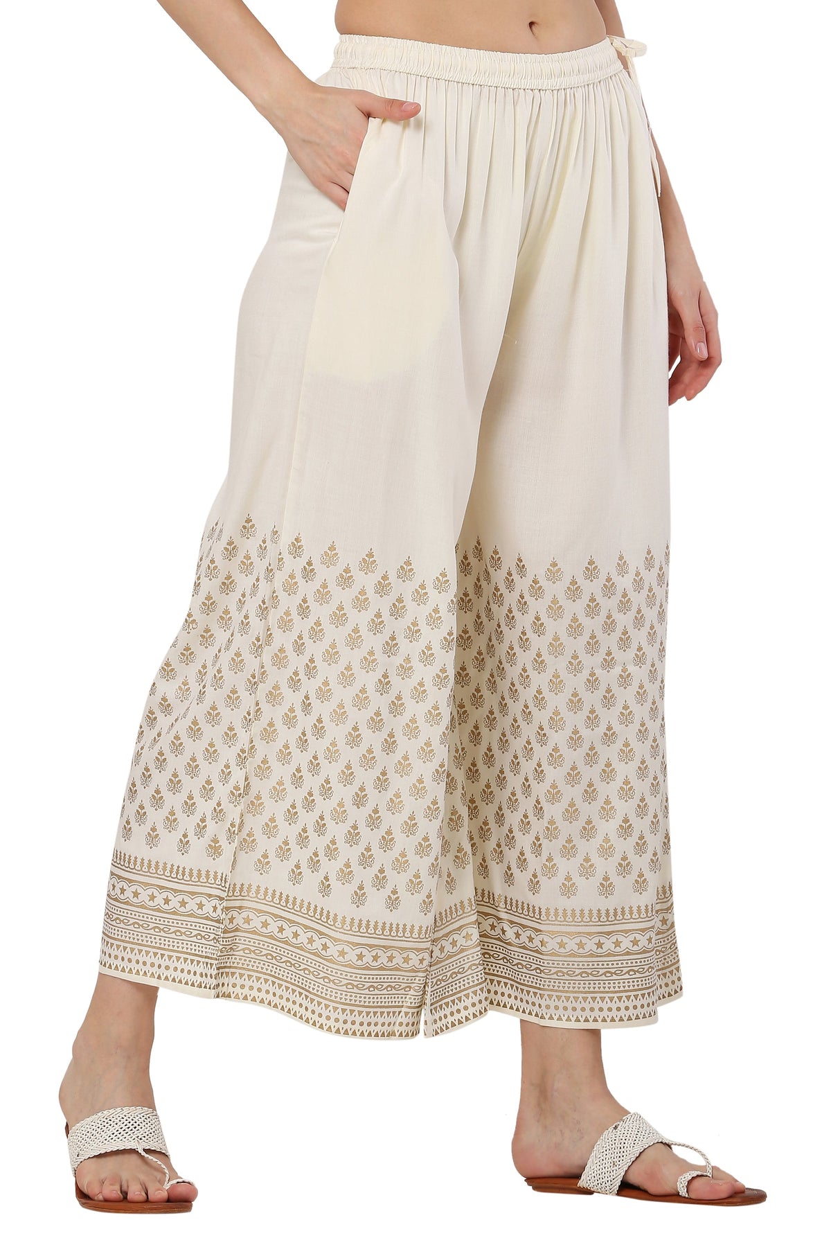 PAVONINE Off-White Color Minar Half Golden Print Sharara For Women | Grocsy