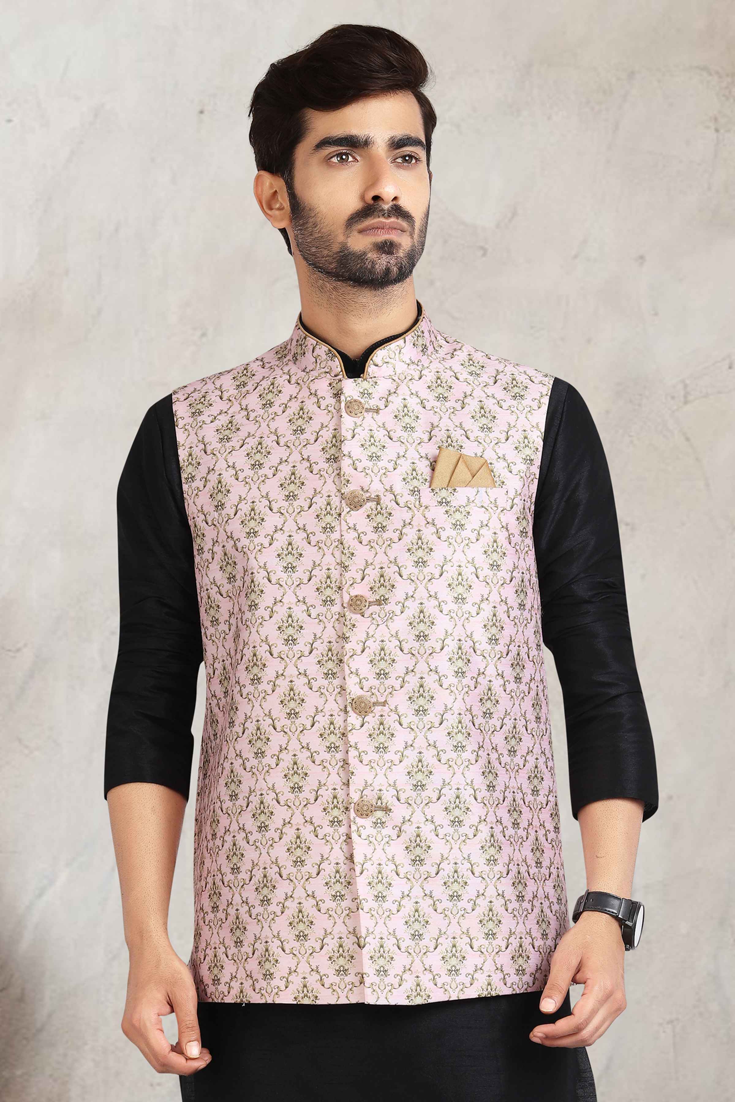 Raivat Ethnic Art Banarasi Silk Printed Work 3 Pics Jacket Set In Light Pink Colour | Grocsy