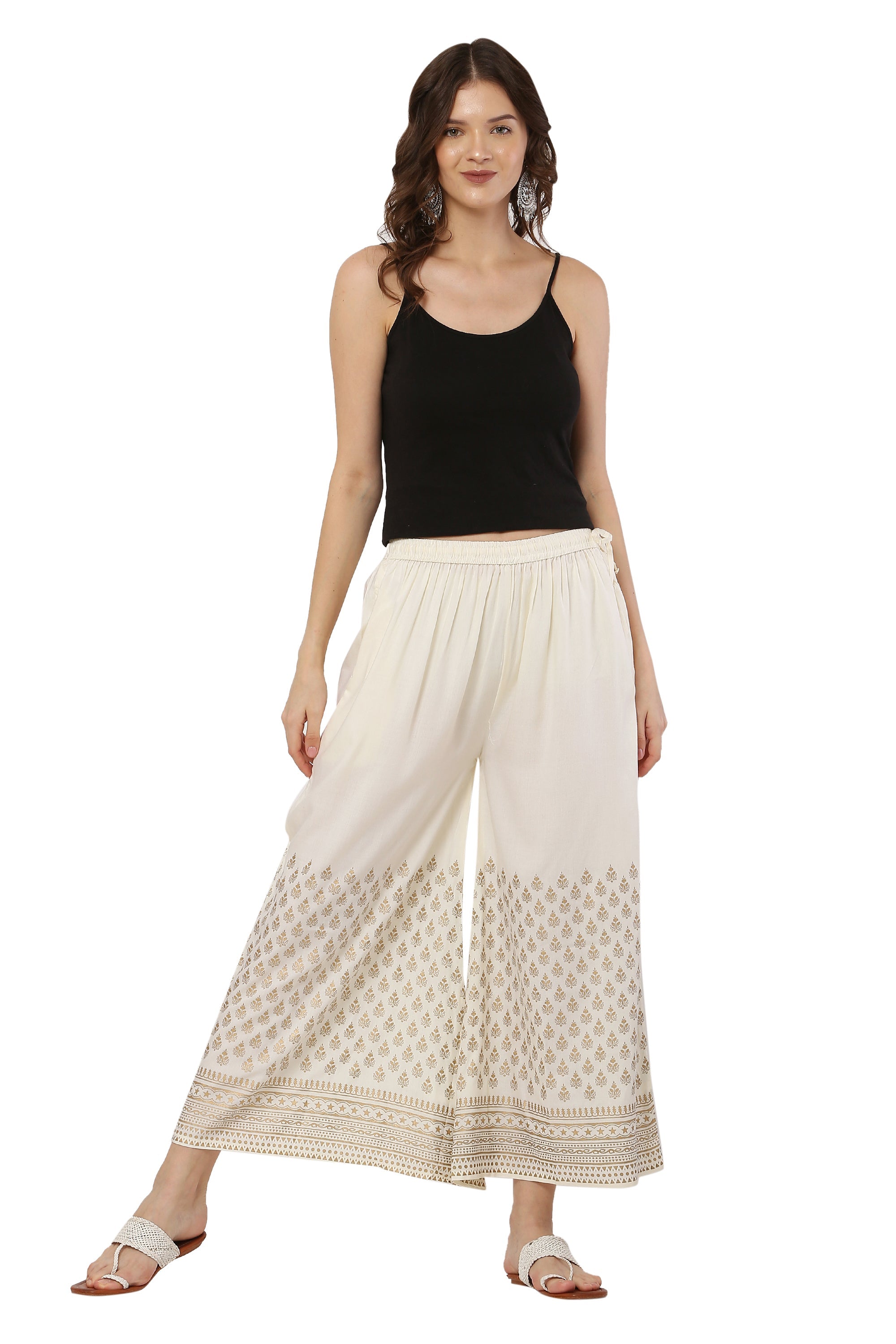 PAVONINE Off-White Color Minar Half Golden Print Sharara For Women | Grocsy