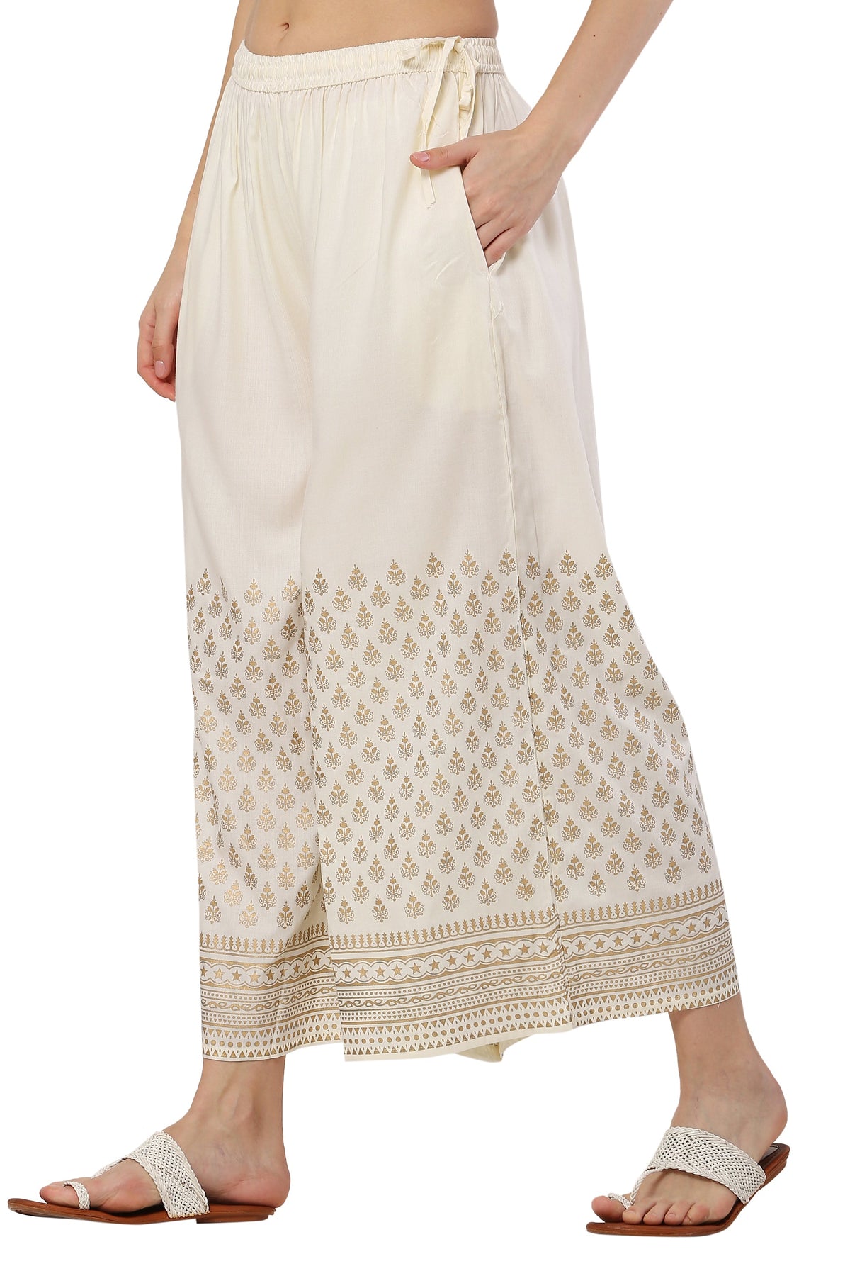PAVONINE Off-White Color Minar Half Golden Print Sharara For Women | Grocsy