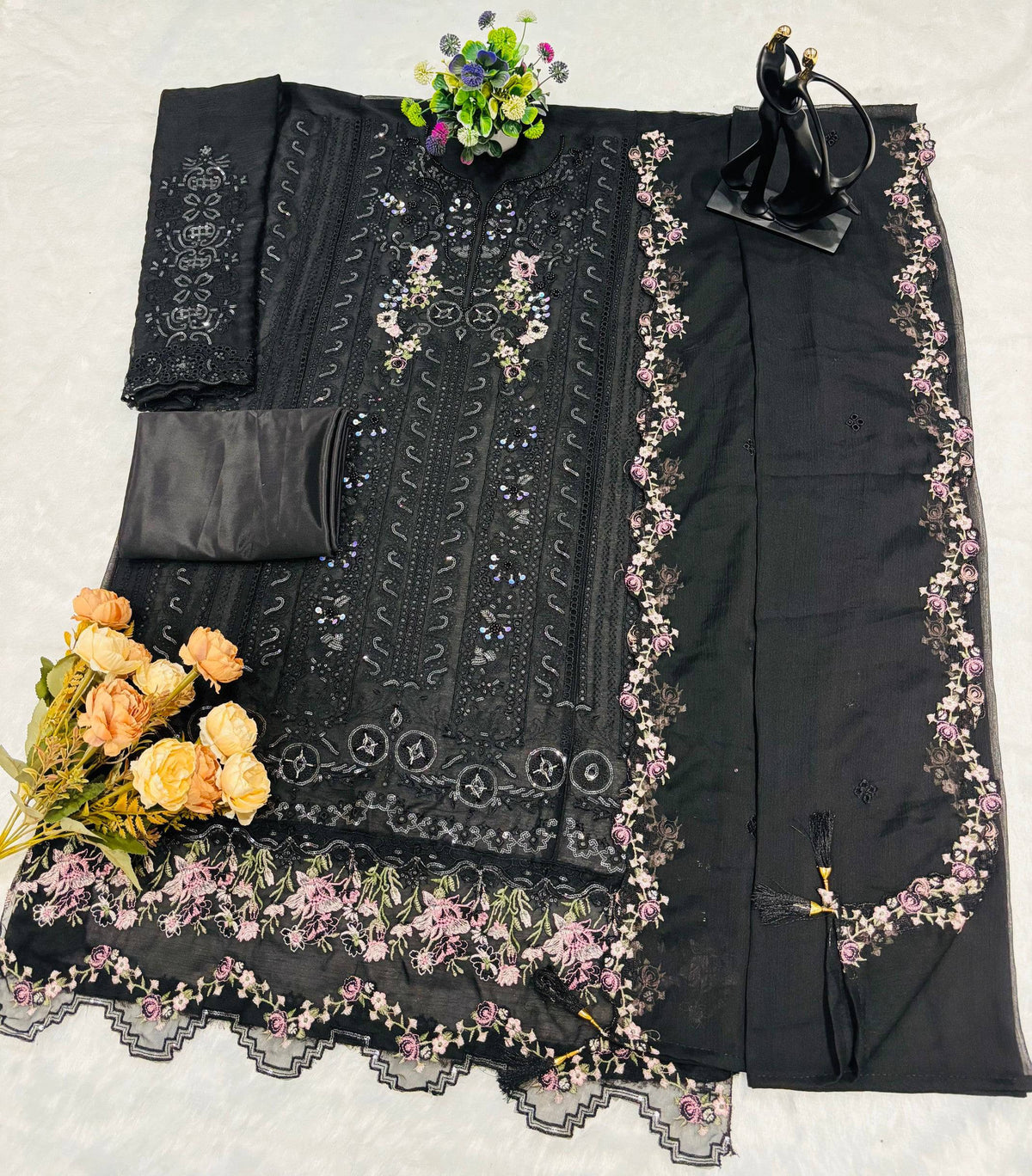 Anaita Black Chiffon Suit with Embroidery & Crystal Khatli Work | Grocsy