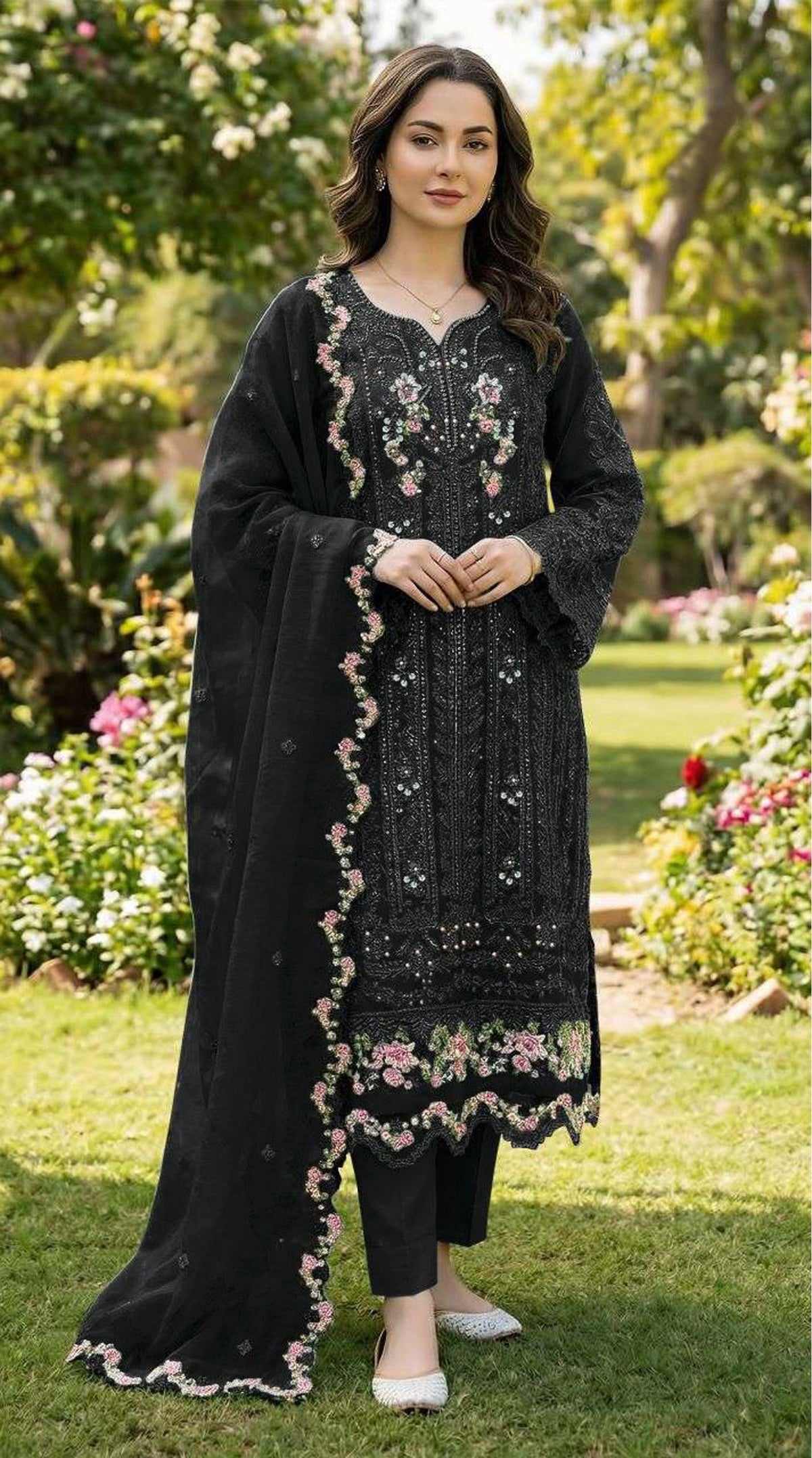 Anaita Black Chiffon Suit with Embroidery & Crystal Khatli Work | Grocsy