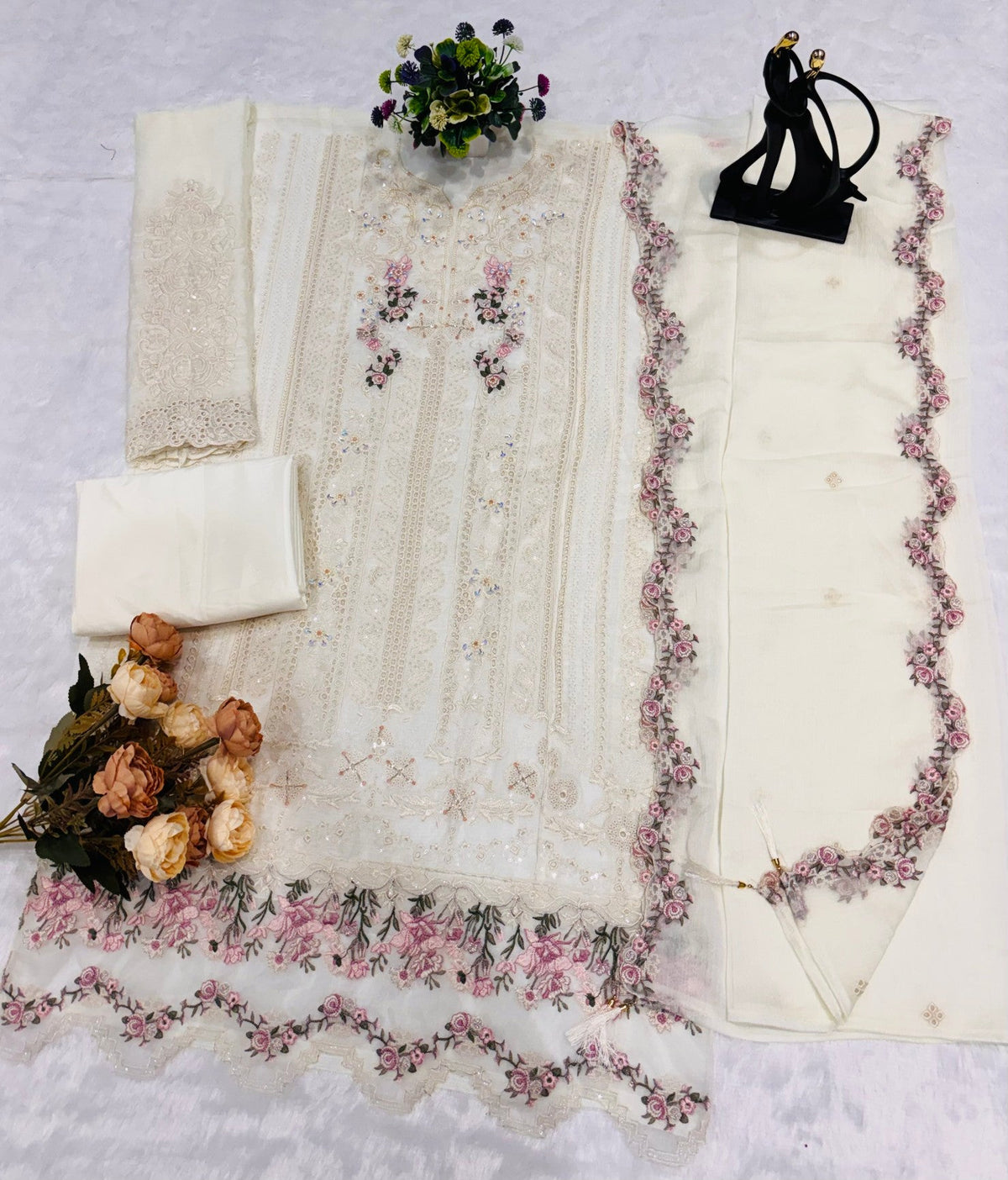 Anaita White Chiffon Suit with Embroidery & Crystal Khatli Work | Grocsy