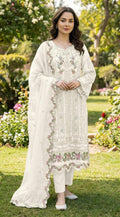 Anaita White Chiffon Suit with Embroidery & Crystal Khatli Work | Grocsy