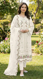 Anaita White Chiffon Suit with Embroidery & Crystal Khatli Work | Grocsy