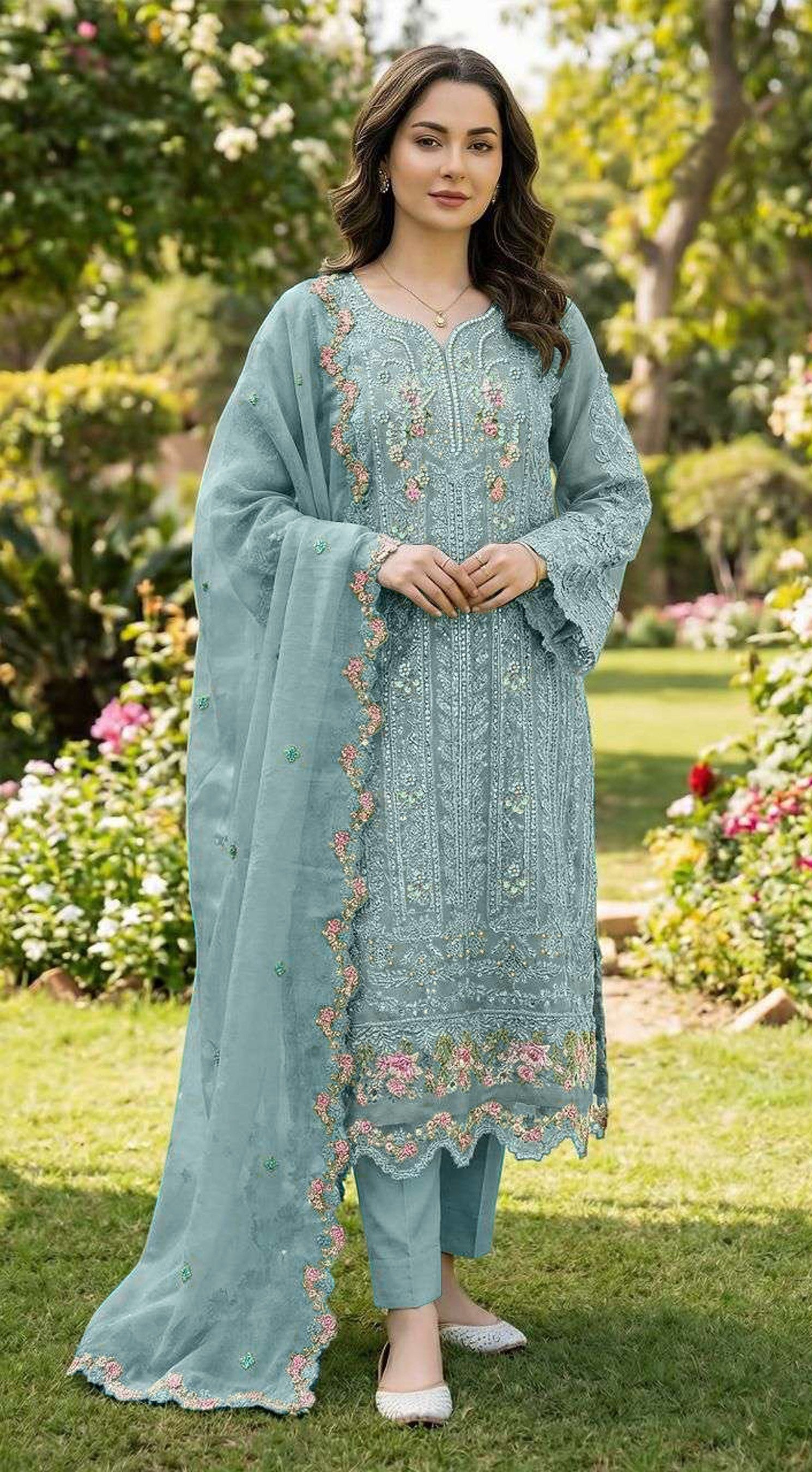 Anaita Blue Chiffon Suit with Embroidery & Crystal Khatli Work | Grocsy