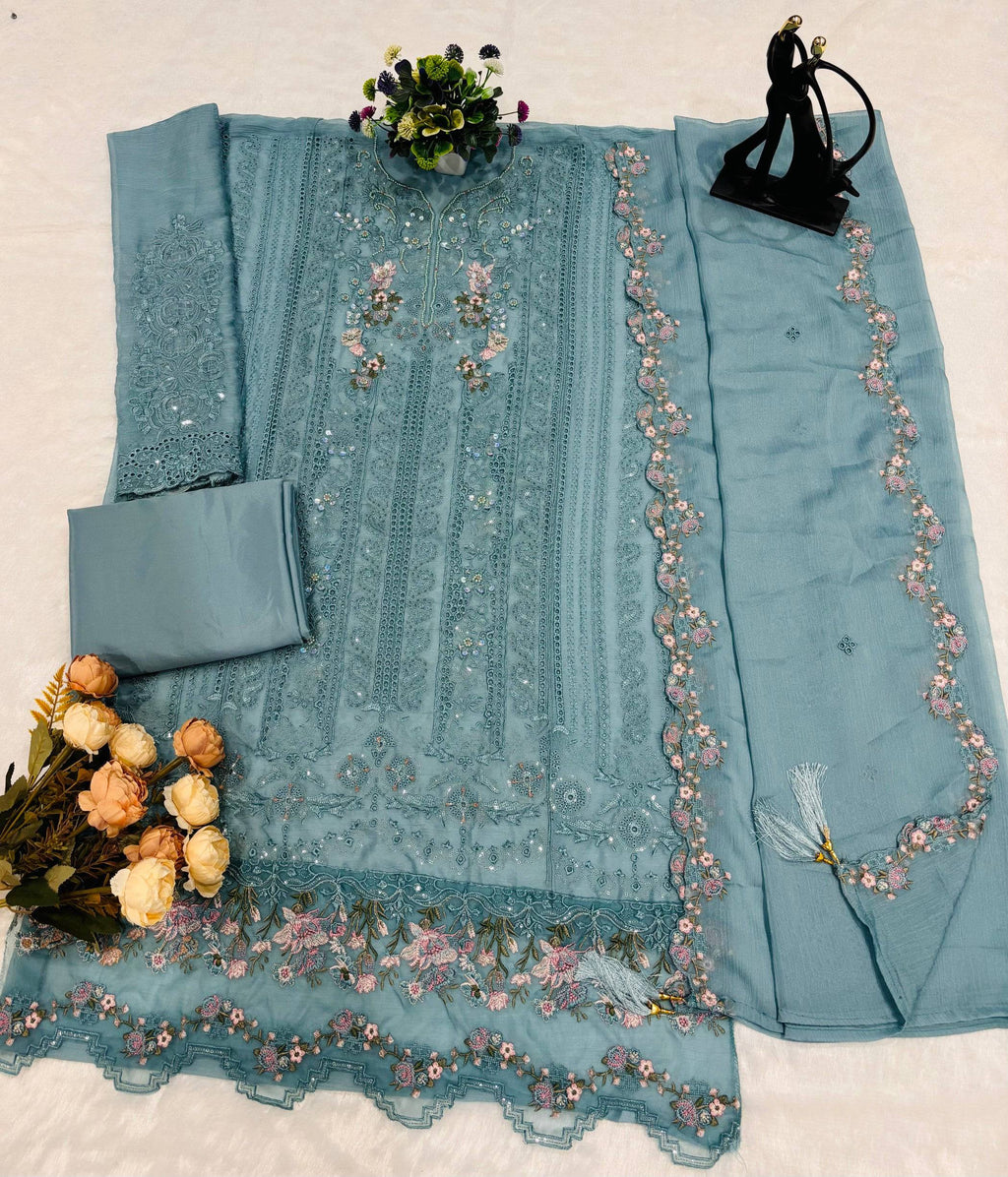 Anaita Blue Chiffon Suit with Embroidery & Crystal Khatli Work | Grocsy