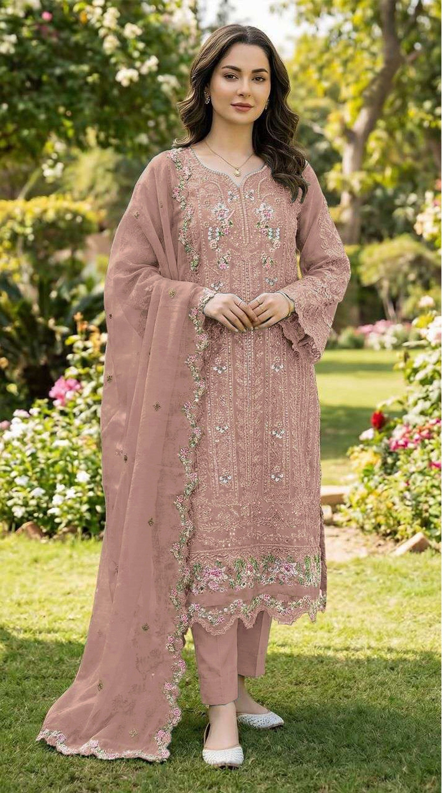 Anaita Peach Chiffon Suit with Embroidery & Crystal Khatli Work | Grocsy