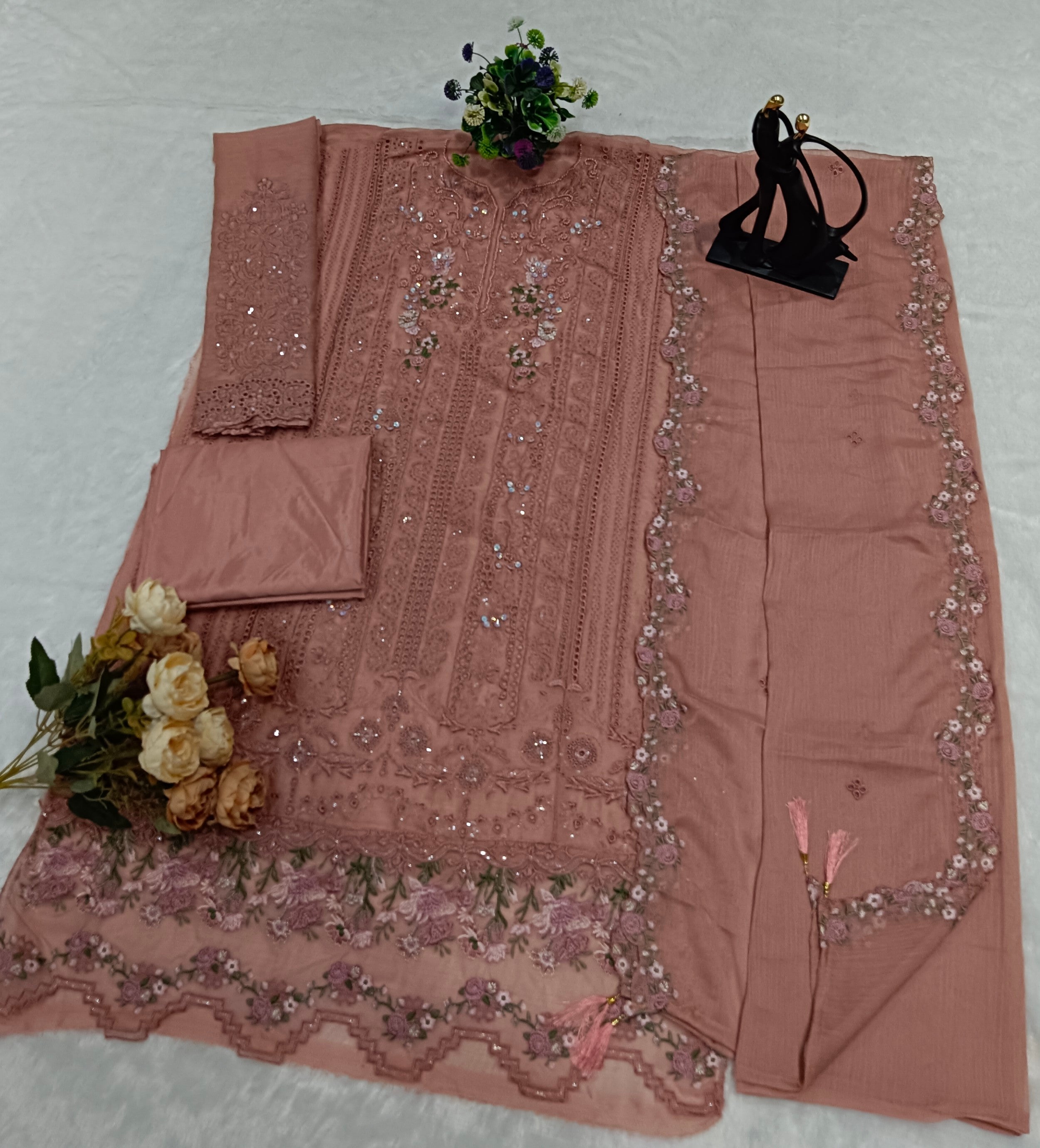 Anaita Peach Chiffon Suit with Embroidery & Crystal Khatli Work | Grocsy