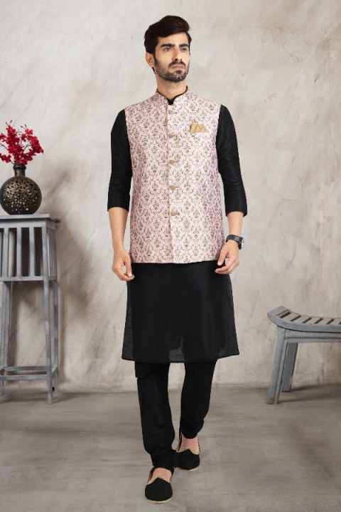Raivat Ethnic Art Banarasi Silk Printed Work 3 Pics Jacket Set In Light Pink Colour | Grocsy
