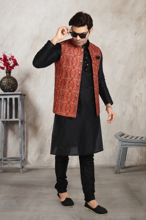 Raivat Ethnic Art Banarasi Silk Printed Work 3 Pics Jacket Set In Red Colour | Grocsy