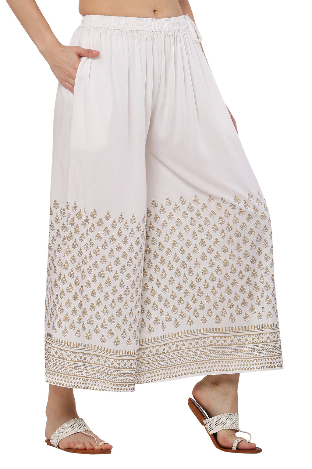 PAVONINE White Color Minar Half Golden Print Sharara For Women | Grocsy