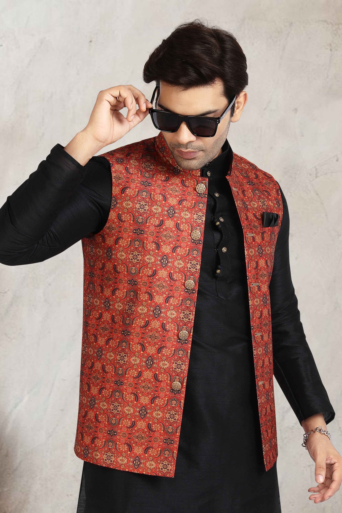 Raivat Ethnic Art Banarasi Silk Printed Work 3 Pics Jacket Set In Red Colour | Grocsy