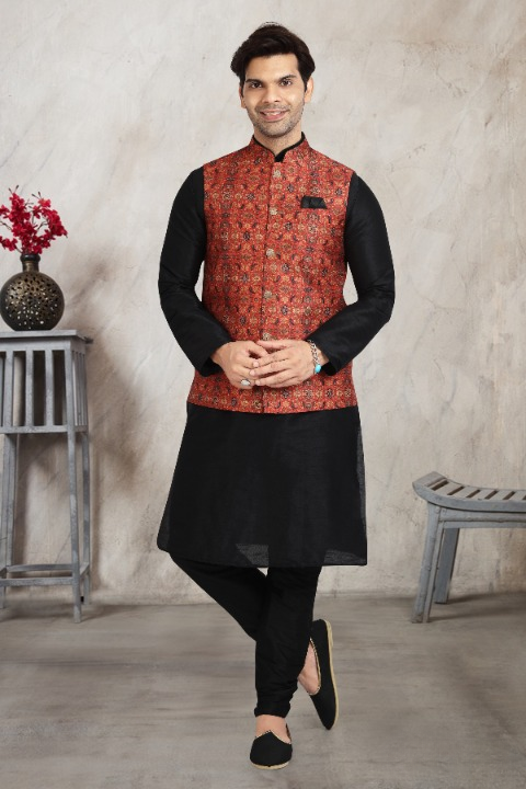 Raivat Ethnic Art Banarasi Silk Printed Work 3 Pics Jacket Set In Red Colour | Grocsy