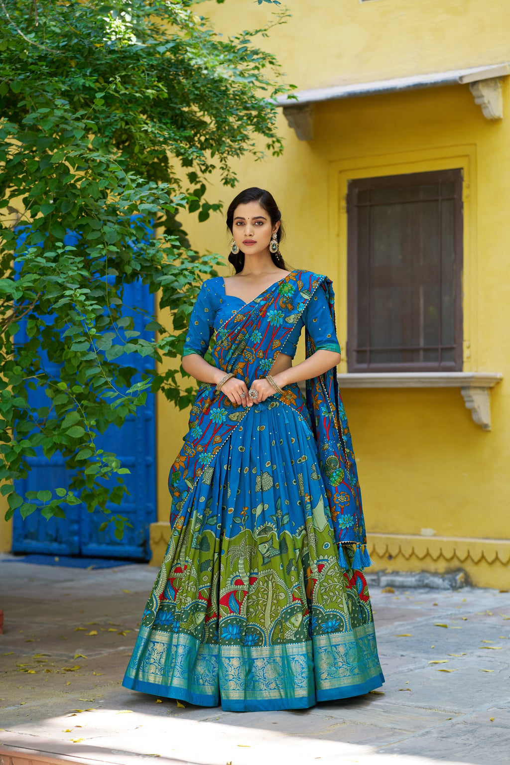 Lorenvalley Fashion Multicolor Tussar Silk Kalamkari Print with Foil Work Border Lehenga Choli with Dupatta | Grocsy