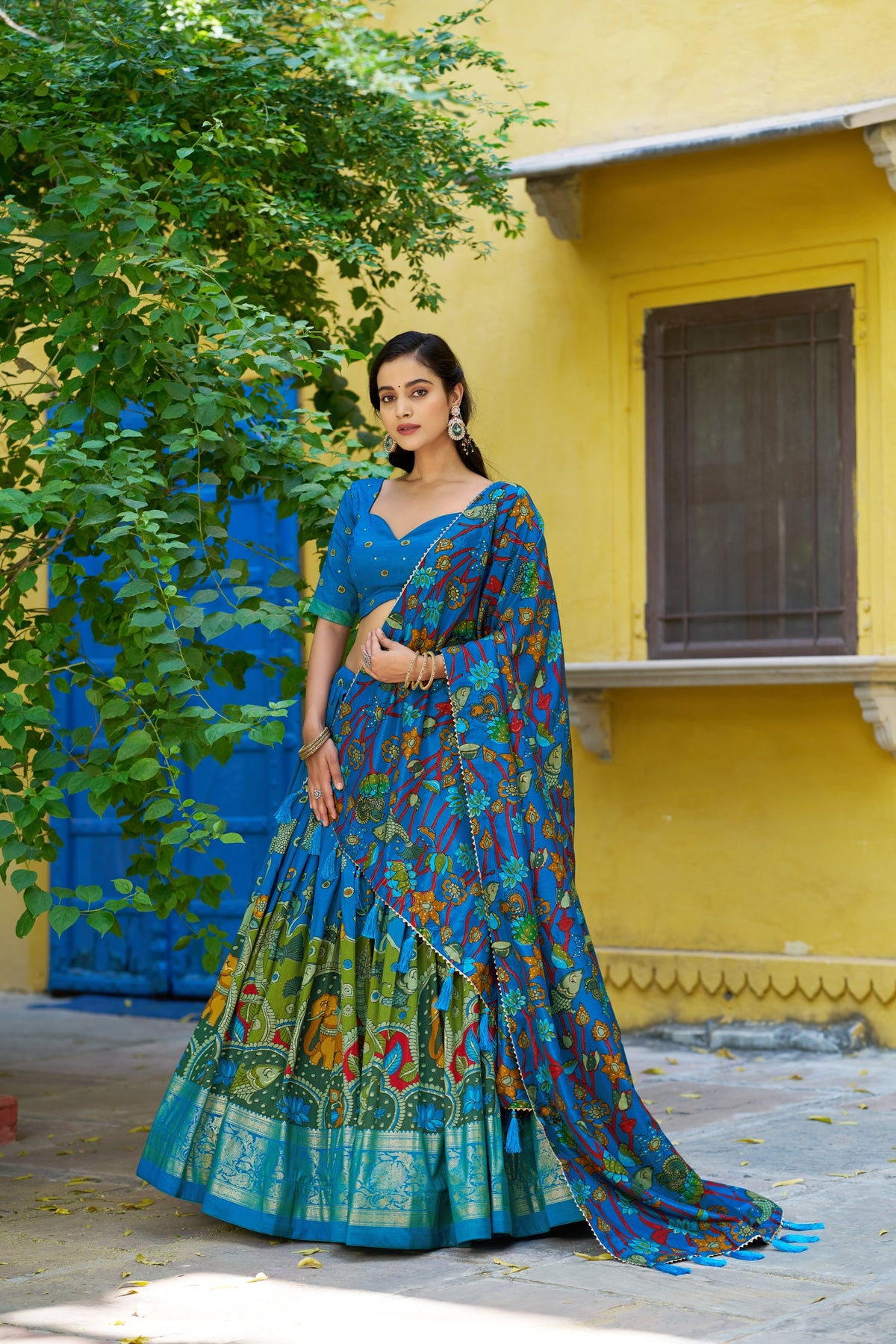 Lorenvalley Fashion Multicolor Tussar Silk Kalamkari Print with Foil Work Border Lehenga Choli with Dupatta | Grocsy