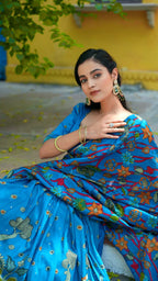 Lorenvalley Fashion Multicolor Tussar Silk Kalamkari Print with Foil Work Border Lehenga Choli with Dupatta | Grocsy