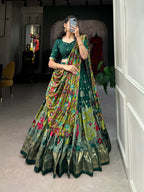 Lorenvalley Green Tussar Silk Kalamkari Print with Foil Work Border Lehenga Choli with Dupatta | Grocsy