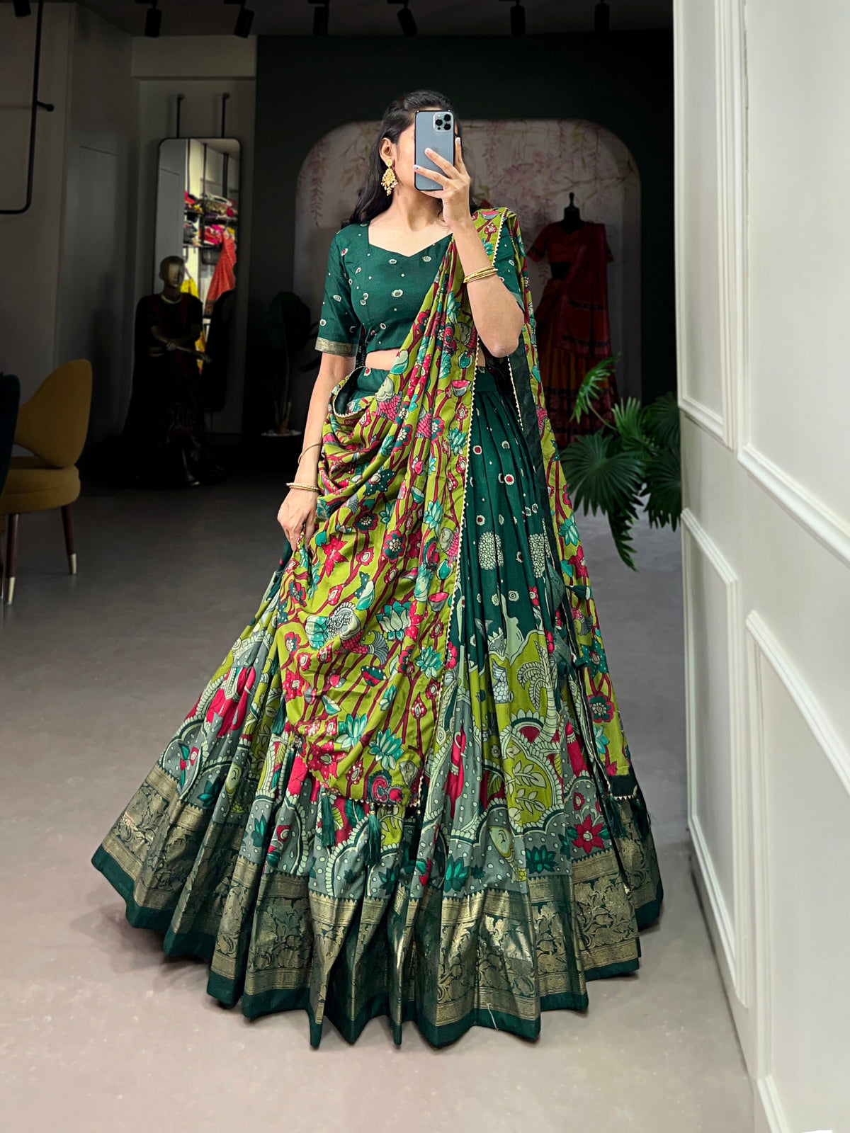 Lorenvalley Green Tussar Silk Kalamkari Print with Foil Work Border Lehenga Choli with Dupatta | Grocsy
