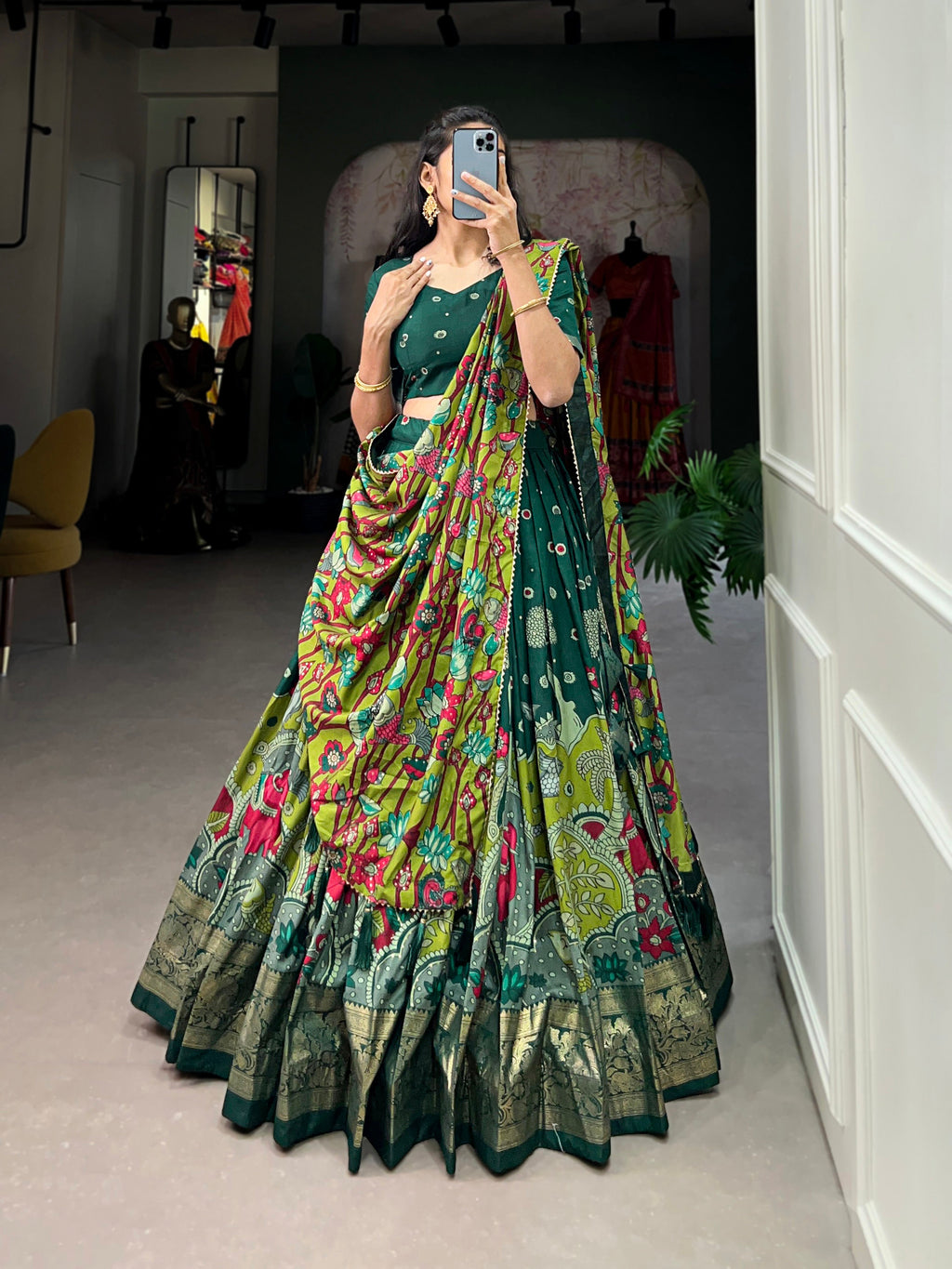 Lorenvalley Green Tussar Silk Kalamkari Print with Foil Work Border Lehenga Choli with Dupatta | Grocsy