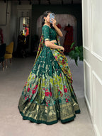 Lorenvalley Green Tussar Silk Kalamkari Print with Foil Work Border Lehenga Choli with Dupatta | Grocsy
