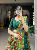 Lorenvalley Green Tussar Silk Kalamkari Print with Foil Work Border Lehenga Choli with Dupatta | Grocsy