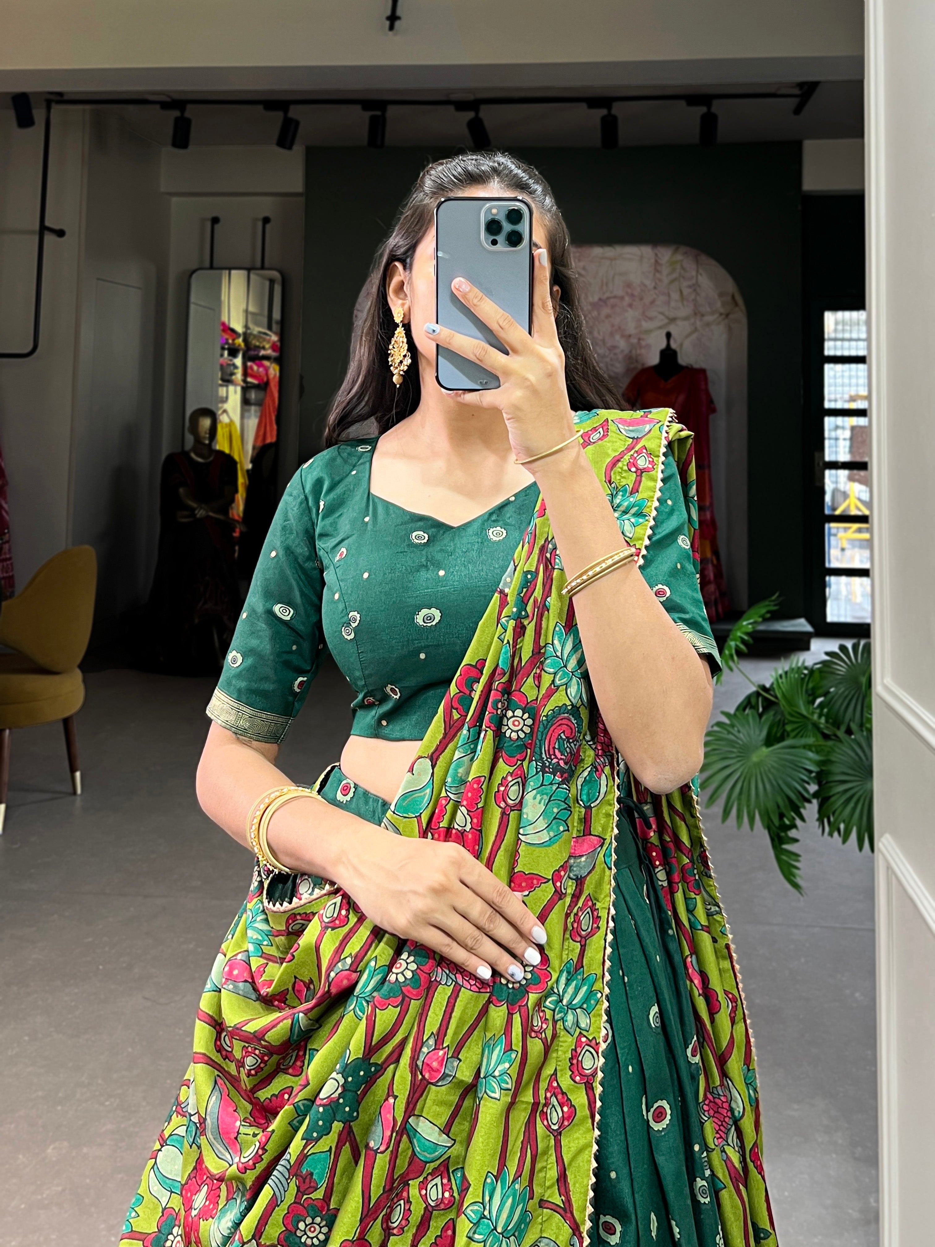 Lorenvalley Green Tussar Silk Kalamkari Print with Foil Work Border Lehenga Choli with Dupatta | Grocsy