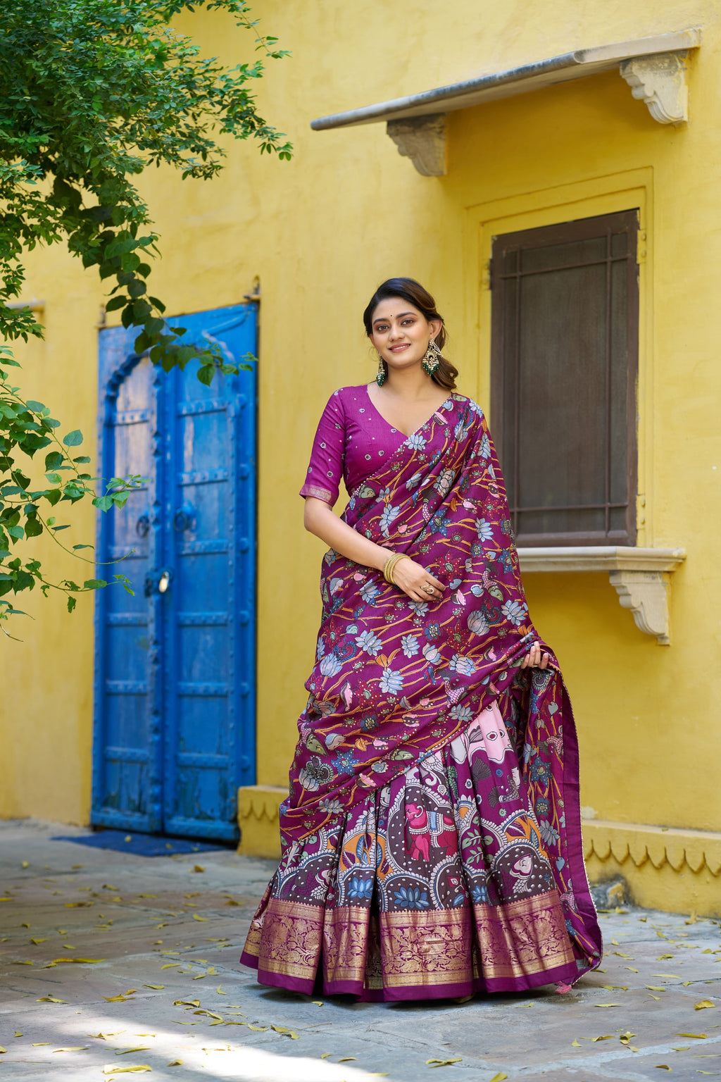 Lorenvalley Fashion Multicolor Tussar Silk Kalamkari Print with Foil Work Border Lehenga Choli with Dupatta | Grocsy