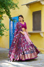 Lorenvalley Fashion Multicolor Tussar Silk Kalamkari Print with Foil Work Border Lehenga Choli with Dupatta | Grocsy