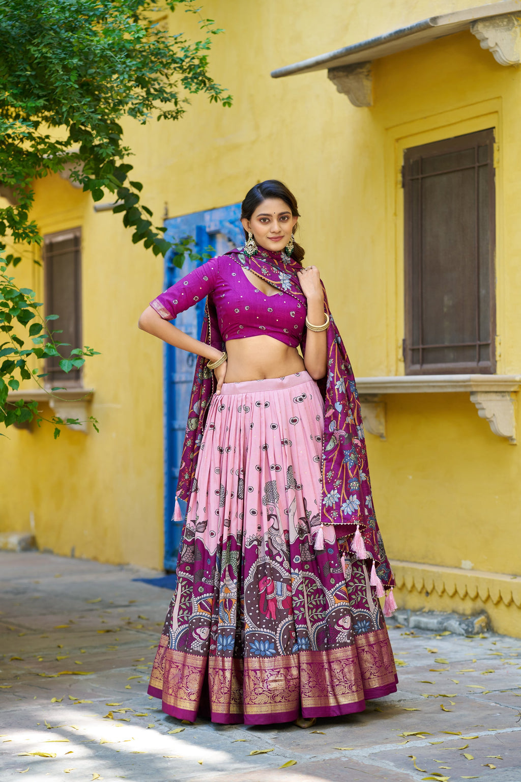 Lorenvalley Fashion Multicolor Tussar Silk Kalamkari Print with Foil Work Border Lehenga Choli with Dupatta | Grocsy