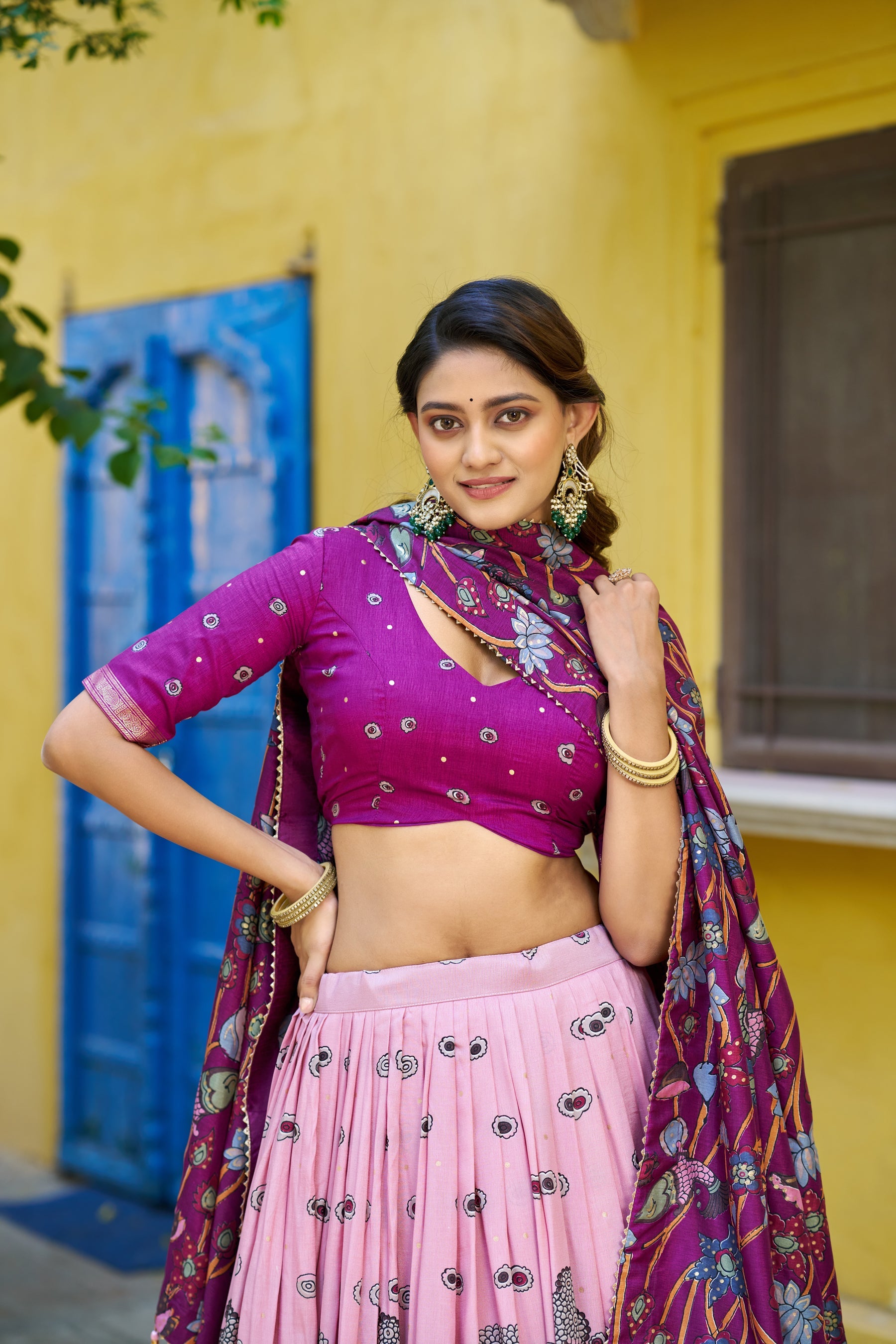 Lorenvalley Fashion Multicolor Tussar Silk Kalamkari Print with Foil Work Border Lehenga Choli with Dupatta | Grocsy