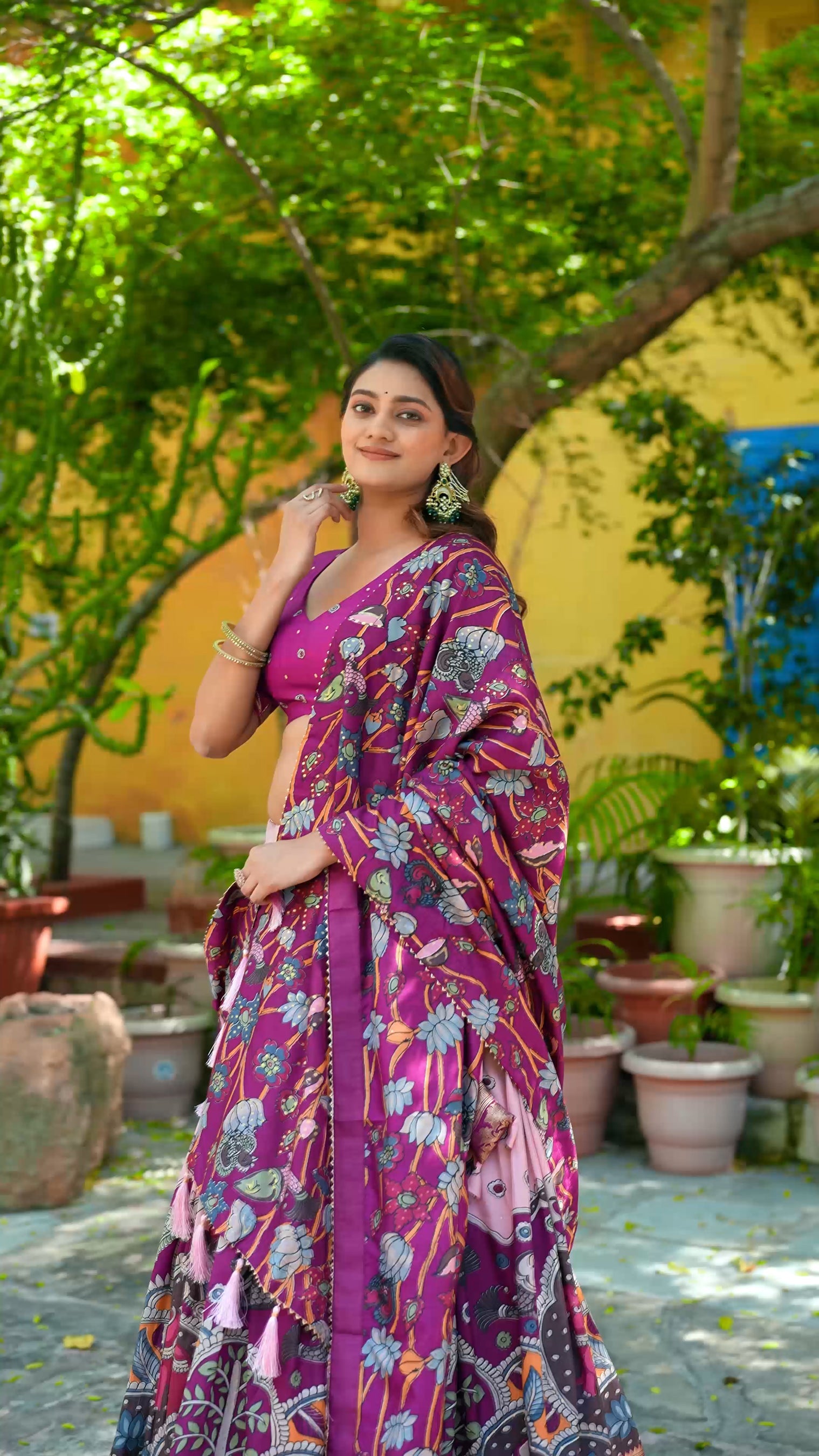 Lorenvalley Fashion Multicolor Tussar Silk Kalamkari Print with Foil Work Border Lehenga Choli with Dupatta | Grocsy