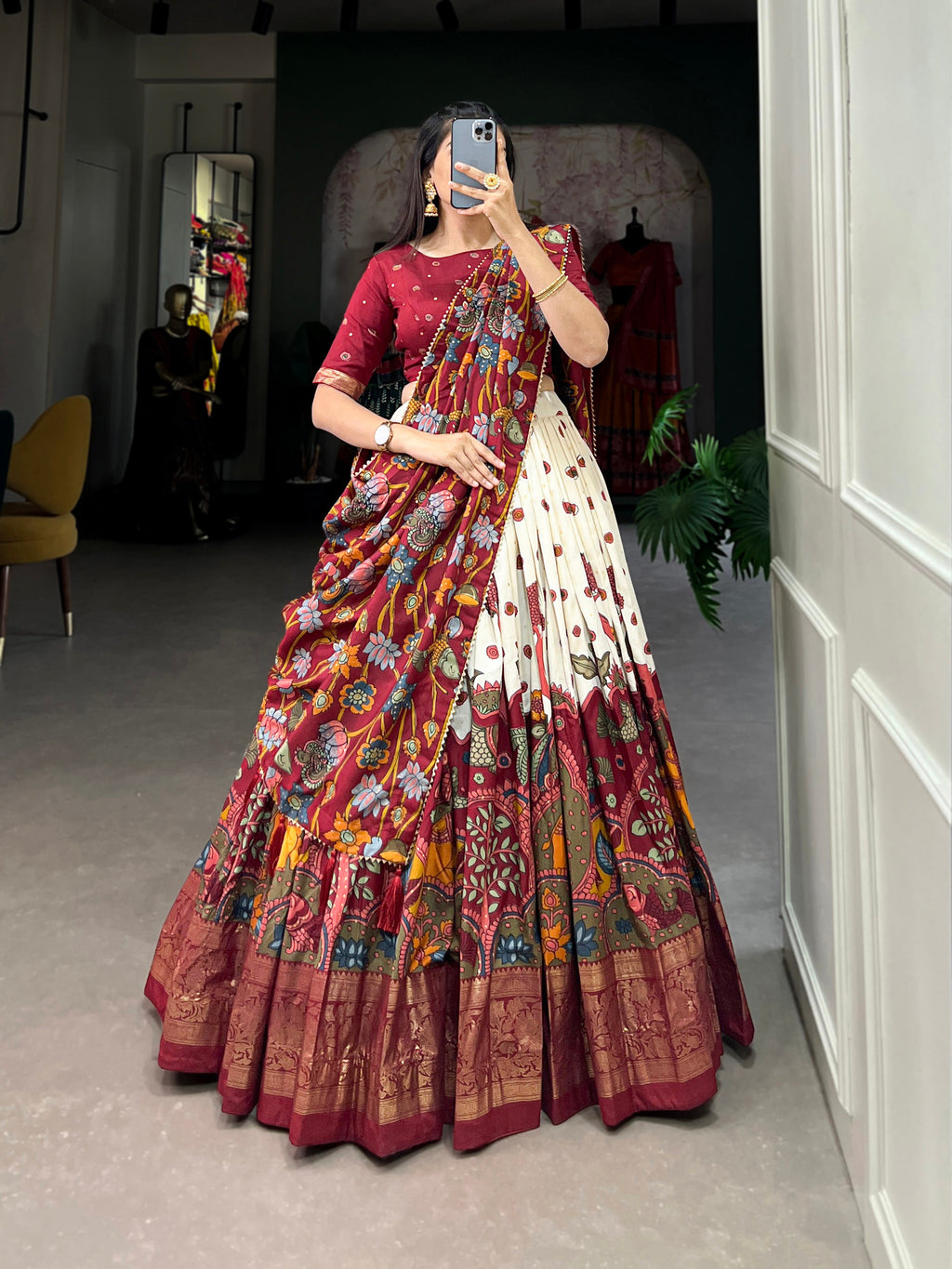 Lorenvalley Off White Tussar Silk Kalamkari Print with Foil Work Border Lehenga Choli with Dupatta | Grocsy