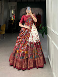 Lorenvalley Off White Tussar Silk Kalamkari Print with Foil Work Border Lehenga Choli with Dupatta | Grocsy