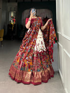 Lorenvalley Off White Tussar Silk Kalamkari Print with Foil Work Border Lehenga Choli with Dupatta | Grocsy