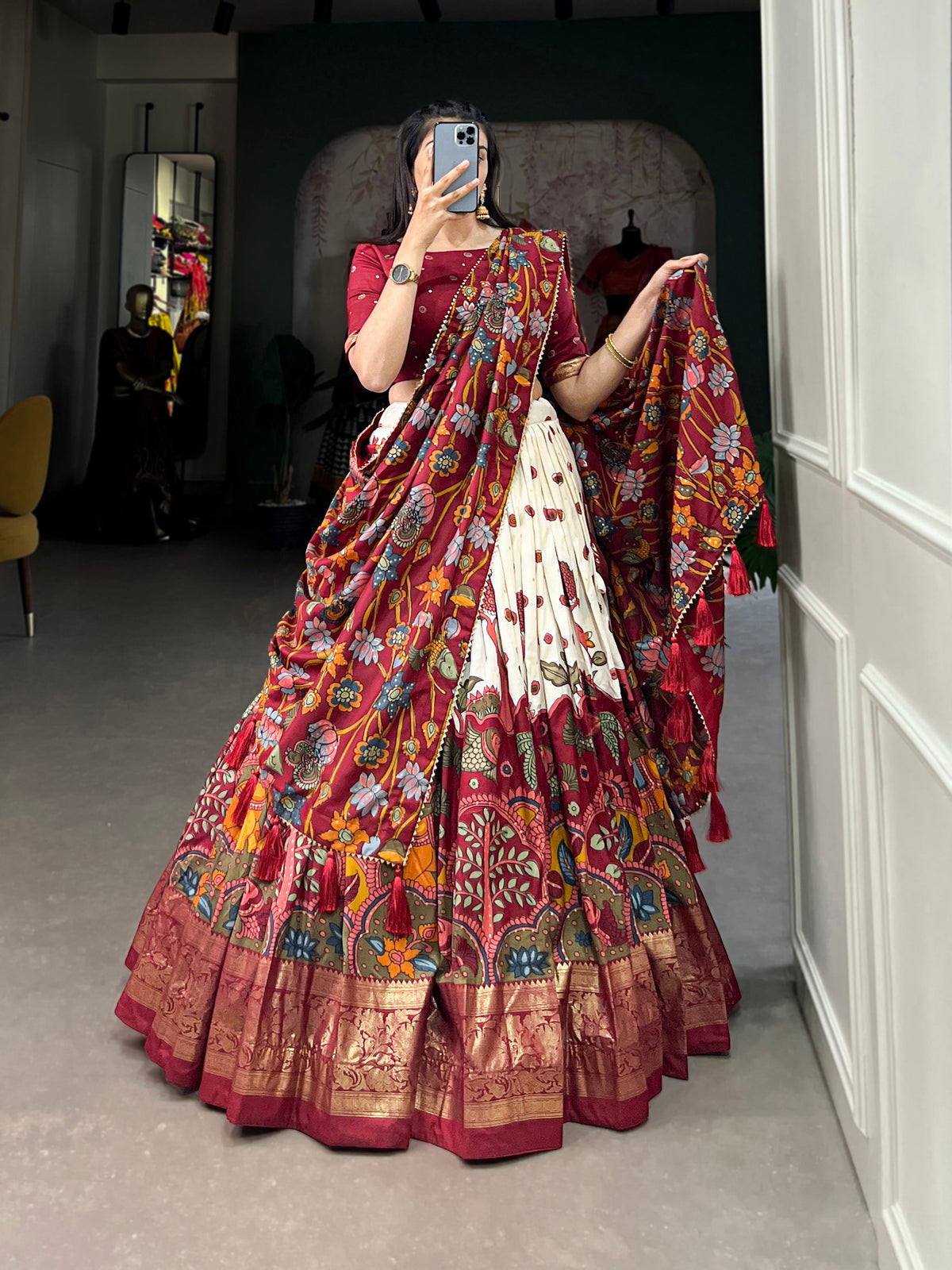 Lorenvalley Off White Tussar Silk Kalamkari Print with Foil Work Border Lehenga Choli with Dupatta | Grocsy